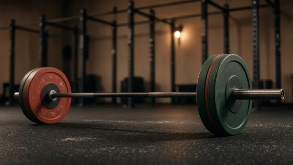 Barbell with bumper plates on the floor