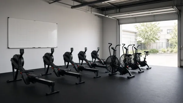Rowers and air bikes by the open garage door